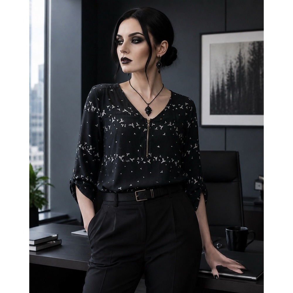 Tempted Corp Goth Bird Tunic Sz L Zipper Neck 3/4 Sleeve Work Wear Noir
